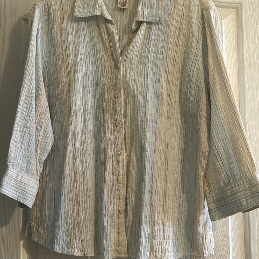 Northern Reflections Cotton Light Blue, Beige & White Striped Button-Front Shirt